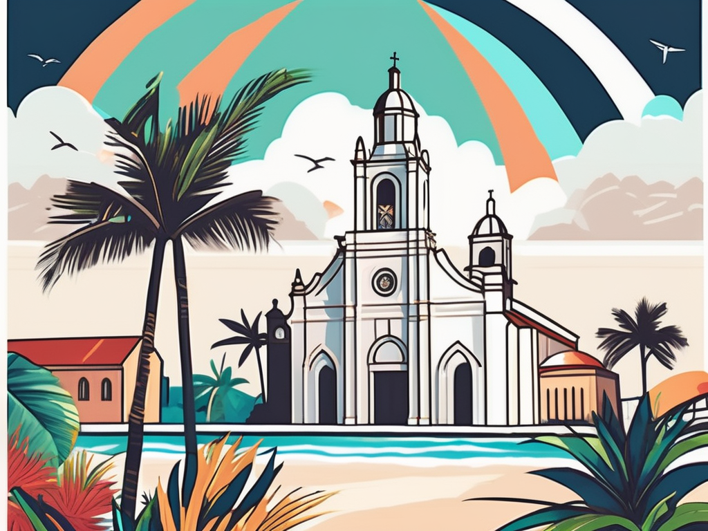 A vibrant tropical landscape featuring iconic dominican republic landmarks such as the basilica cathedral of santa maria la menor and punta cana beaches