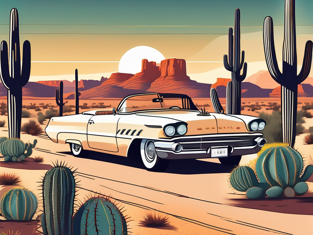 A vintage car traveling on the iconic route 66