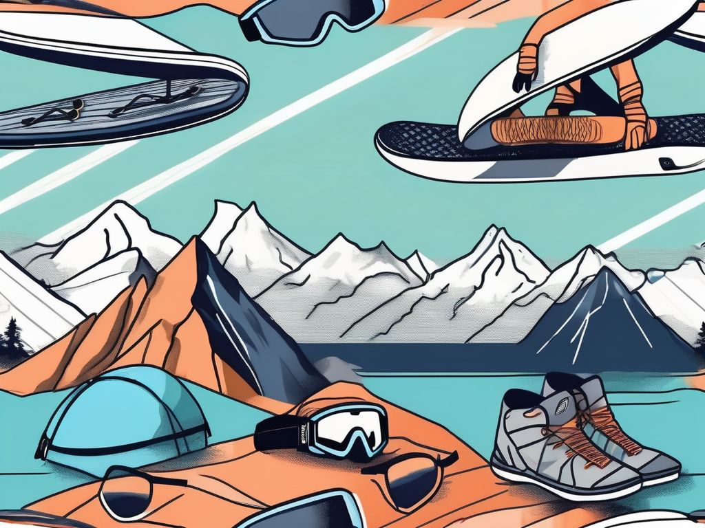 Various extreme sports equipment like a snowboard